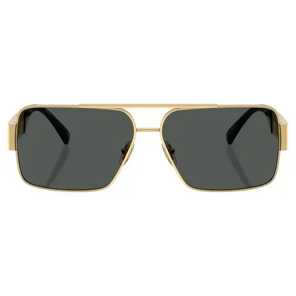New VERSACE Sunglasses Gold Metal Greca Logo Rectangle Black Gray